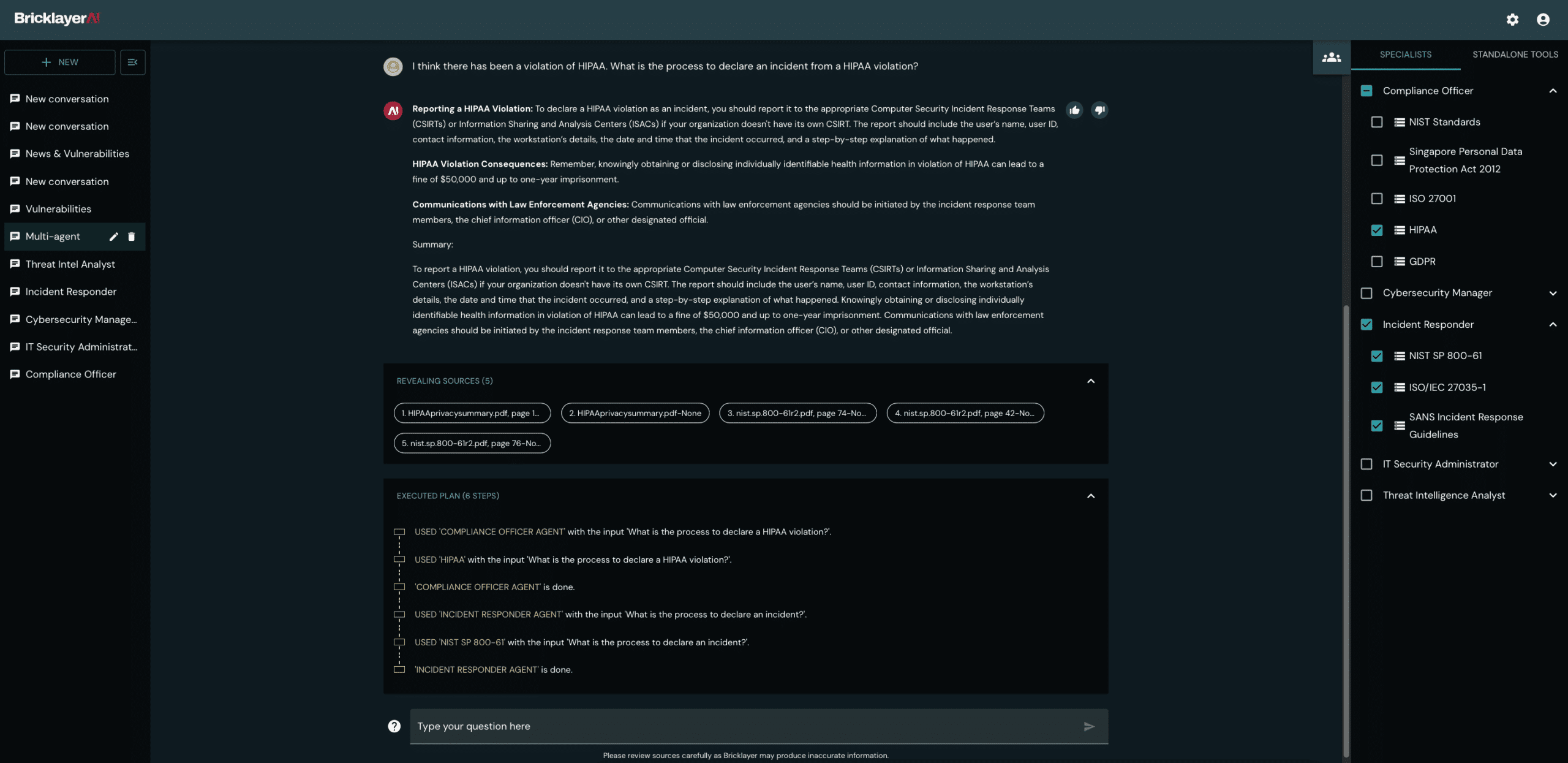 A screenshot showing a Specialist being interacted with in the Bricklayer.AI platform.