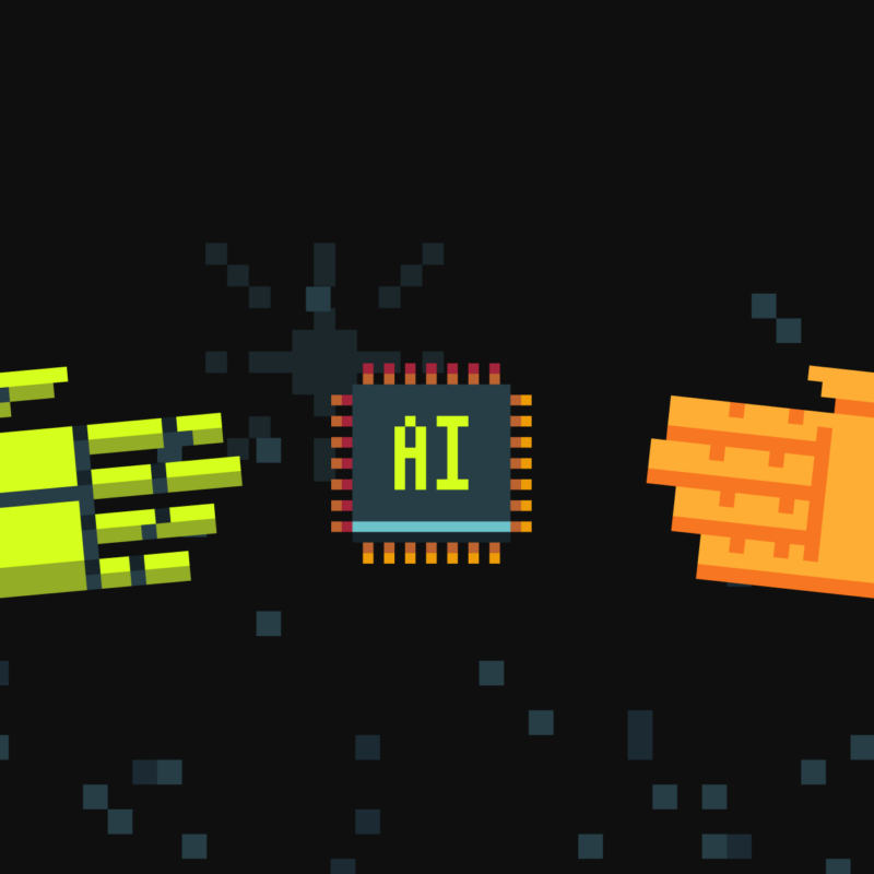 pixel art of hand and robot hand converging to a chip that says AI on it.