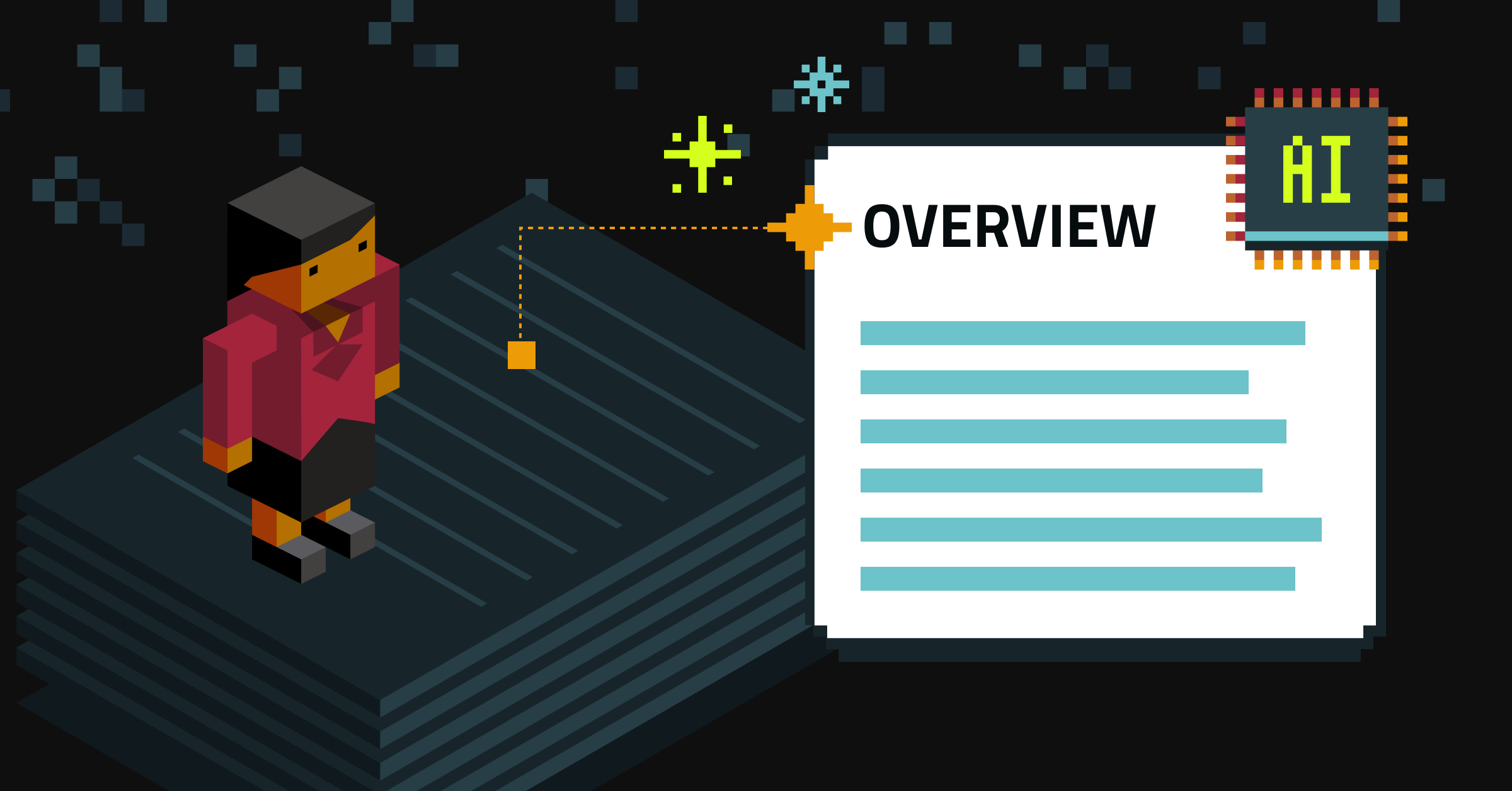 Human block person standing on a stack of papers and an overview document next to them with an AI chip at the top corner