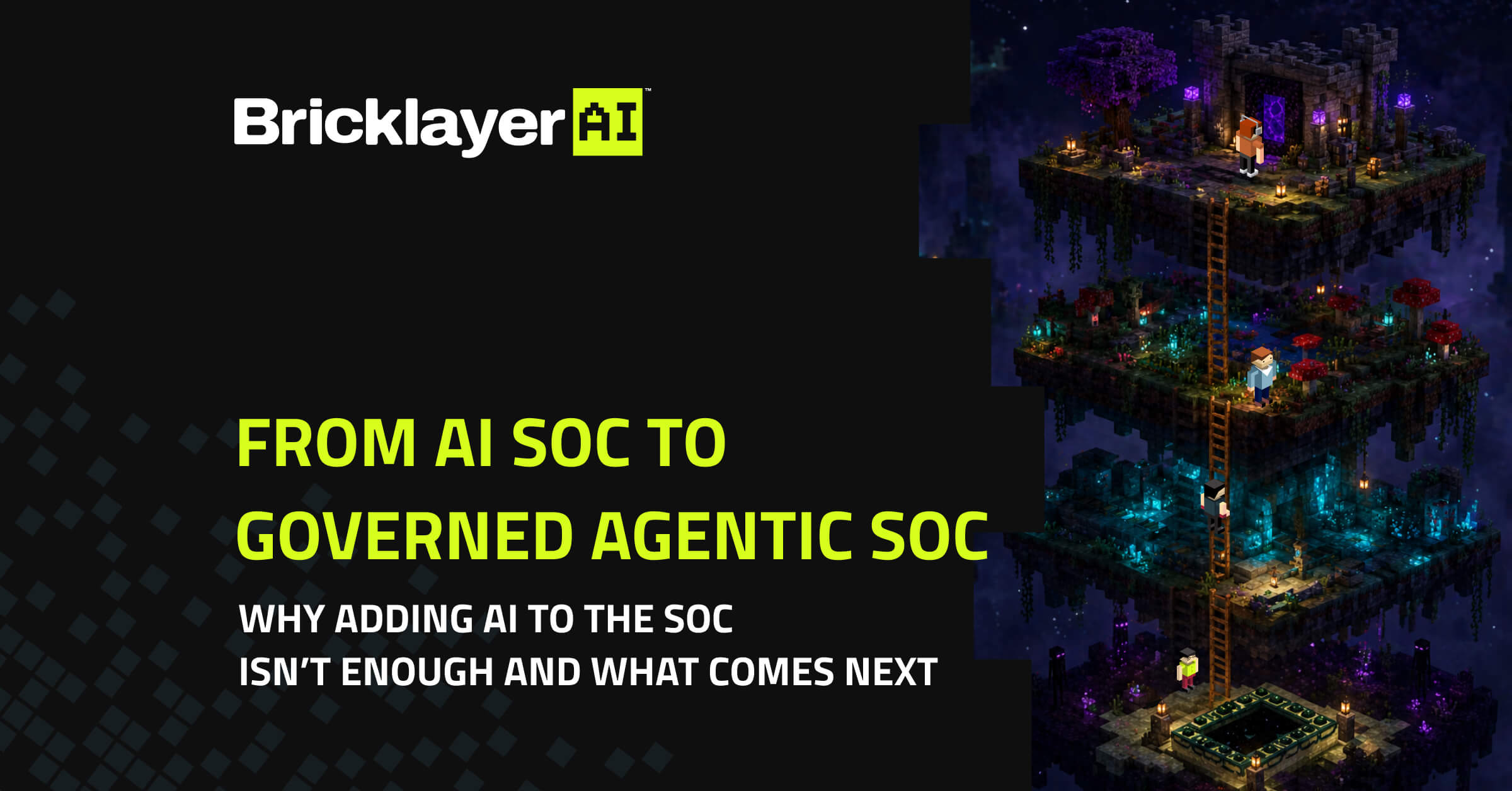 A pixelated scene of floating islands with characters and glowing structures, illustrating AI evolution from SOC to agentic