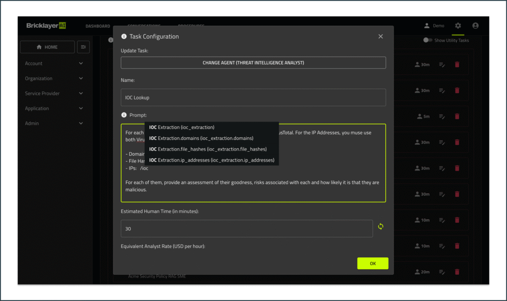 A screenshot of a task configuration window within a cybersecurity platform, showing options for IOC extraction and analysis.