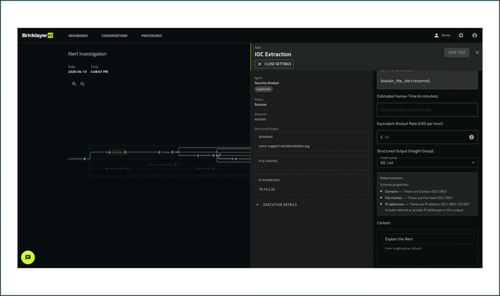 Dashboard interface displaying an IOC extraction task with details, status, structured output, and IP addresses, bordered by