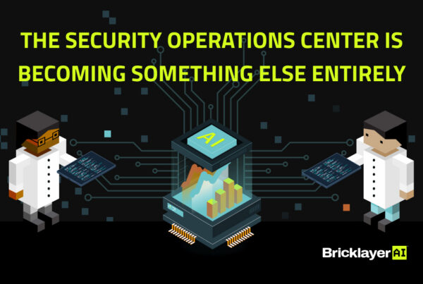 Pixelated characters with tablets and a central AI chip connected to data, illustrating the evolving role of security