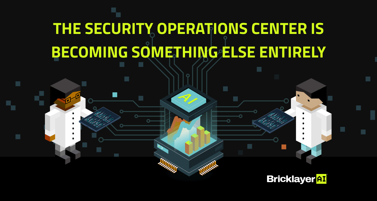 Pixelated characters with tablets and a central AI chip connected to data, illustrating the evolving role of security