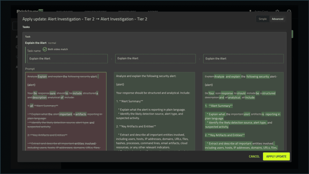 Bricklayer AI portal showing an agentic procedure differentials - old vs new with a yellow apply update button.