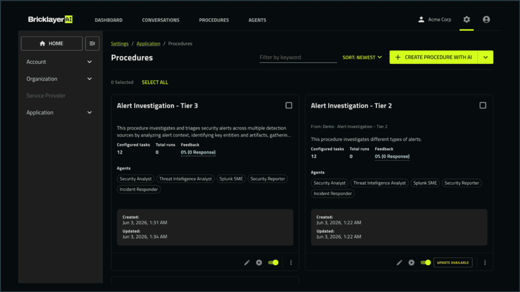 Bricklayer AI portal showing a new agentic procedure created by a sub-organization.