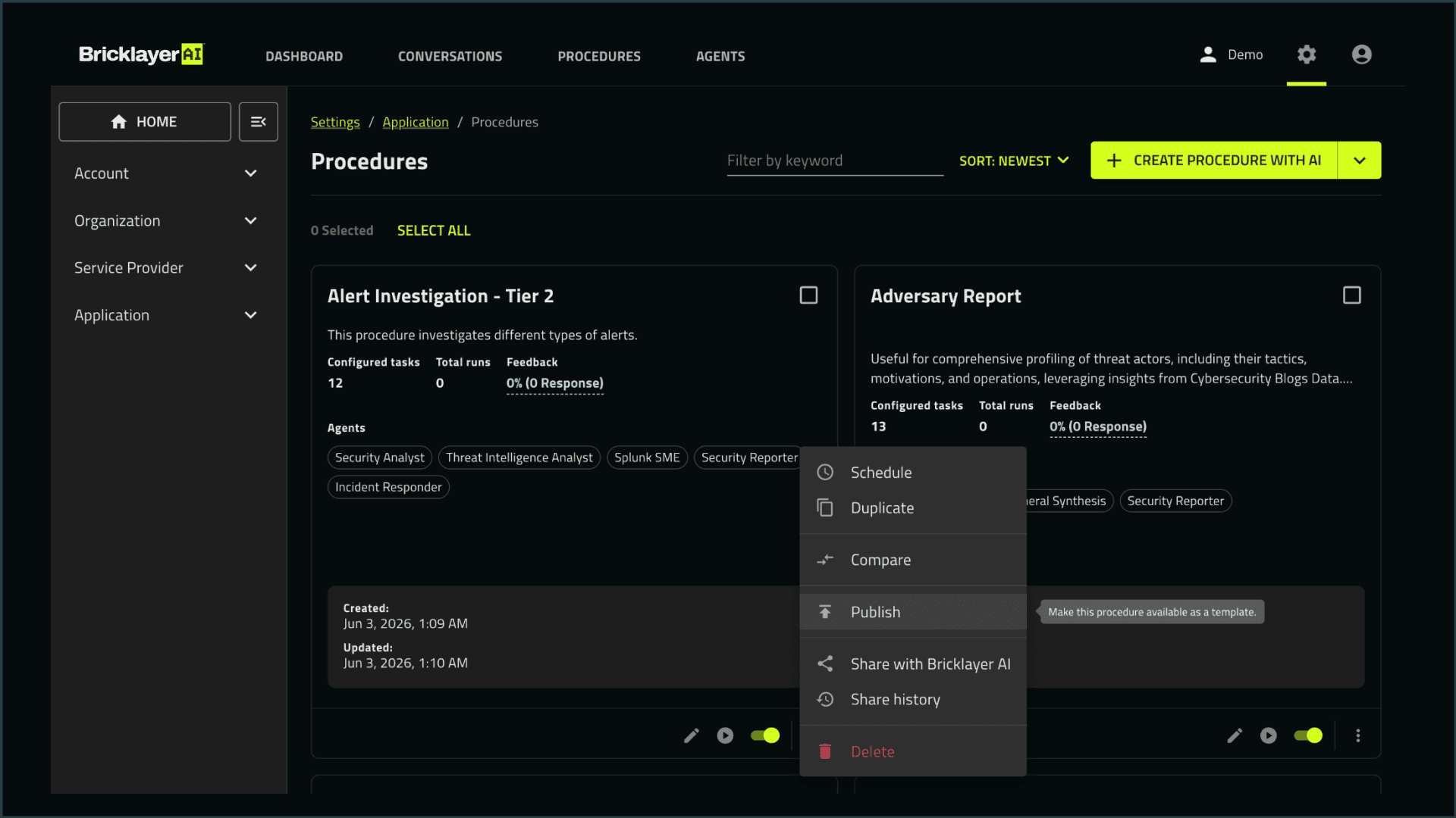 Bricklayer AI portal showing an agentic procedure being published.