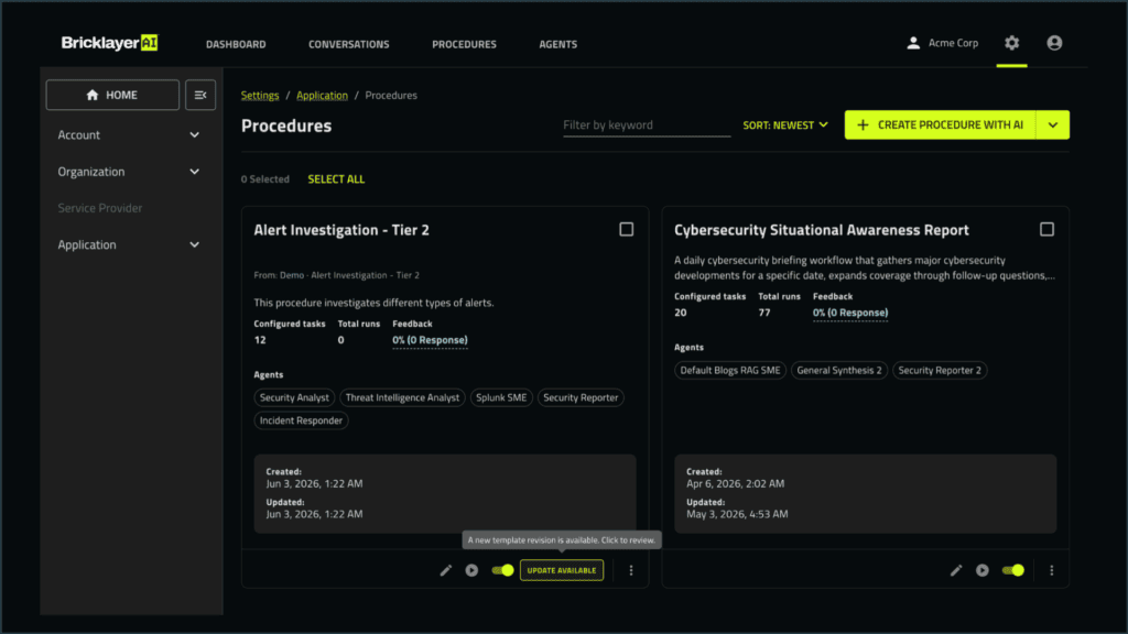 Bricklayer AI portal showing an agentic procedure available for update.