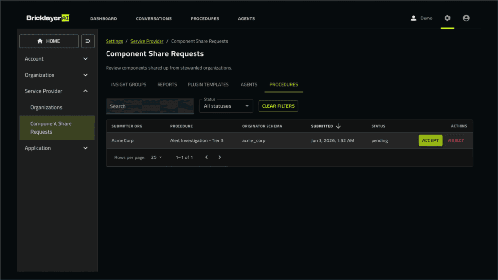 Bricklayer AI portal showing Component Share Request view to accept or reject the new agentic procedure.
