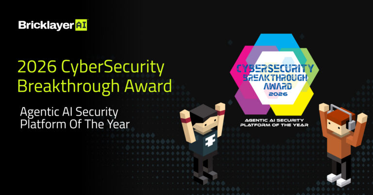 Two Bricklayer agents celebrating with their hands in the air and an awards logo for best agentic ai security platform of the year.
