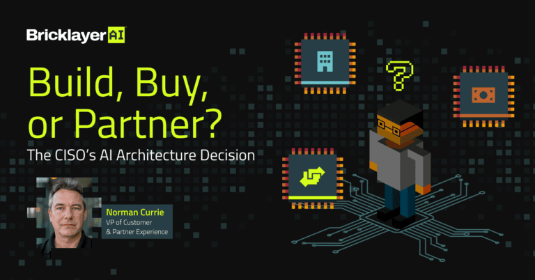 Bricklayer themed agent with a question mark over its head deciding whether build, buy, or partner works best.